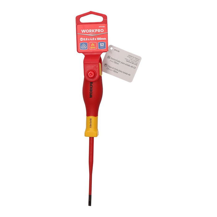 Workpro Destornillador Plano Aislado VDE 0,8x4x100mm Acero S2 Cromo Vanadio, Homologado 1000V AC, Cumple EN/IEC 60900, Mango Ergonómico Rojo y Amarillo