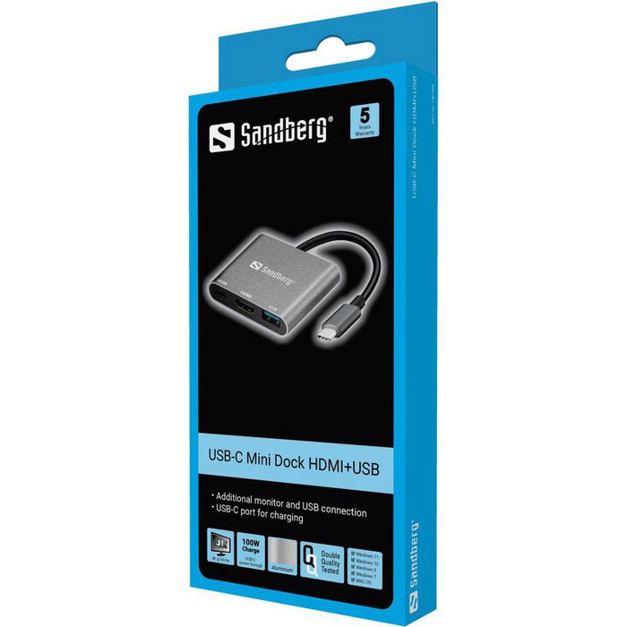 Sandberg USB-C Mini Dock HDMI+USB con Puerto USB 3.0 y Carga para MacBook