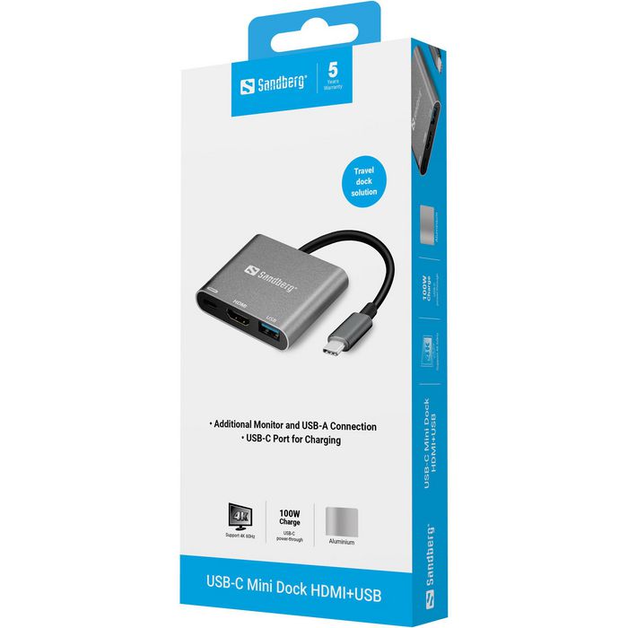 Sandberg USB-C Mini Dock HDMI+USB con Puerto USB 3.0 y Carga para MacBook