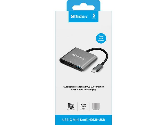 Sandberg USB-C Mini Dock HDMI+USB con Puerto USB 3.0 y Carga para MacBook