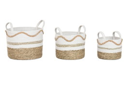 DKD Home Decor Set de 3 Cestas de Seagrass y Algodón Blanco