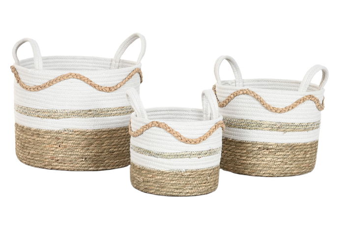 DKD Home Decor Cesta Boho Blanco Natural Seagrass Algodon 30 x 30 x 30 cm Set de 3