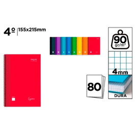 Cervantes Cuaderno A5 con espiral, tapa dura, 80 hojas cuadrícula 4 mm, colores surtidos