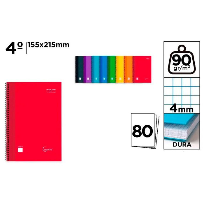 Cervantes Cuaderno A5 con espiral, tapa dura, 80 hojas cuadrícula 4 mm, colores surtidos Cervantes Cuaderno A5 con espiral, tapa dura, 80 hojas cuadrícula 4 mm, colores surtidos
