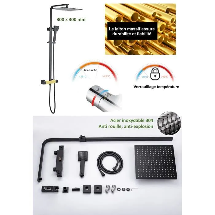 Oceanic Columna de Ducha Termostática Mezclador 38°C Rociador Cuadrado Extraplano 30x30 cm Negro Mate Acero Inox Regulable