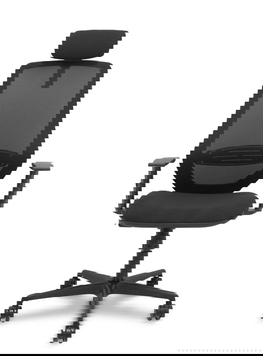 Silla de oficina Mardos con mecanismo Sincro tapizada con Tela color Negro. Equipada con lumbar 1D, Brazos 1D, Cabecero 2D y Ruedas 65mm nailon