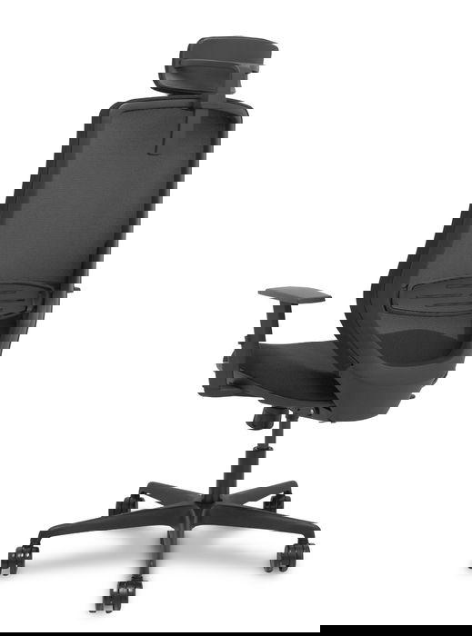 Silla de oficina Mardos con mecanismo Sincro tapizada con Tela color Negro. Equipada con lumbar 1D, Brazos 1D, Cabecero 2D y Ruedas 65mm nailon