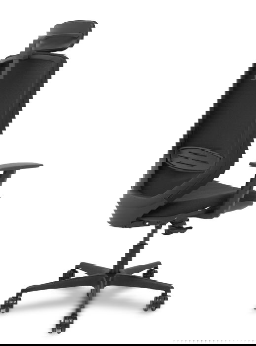 Silla de oficina Mardos con mecanismo Sincro tapizada con Tela color Negro. Equipada con lumbar 1D, Brazos 1D, Cabecero 2D y Ruedas 65mm nailon