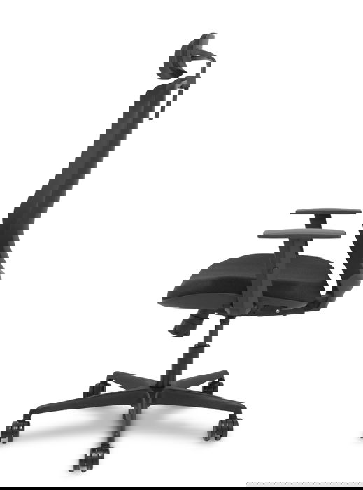 Silla de oficina Mardos con mecanismo Sincro tapizada con Tela color Negro. Equipada con lumbar 1D, Brazos 1D, Cabecero 2D y Ruedas 65mm nailon