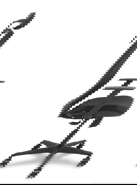 Silla de oficina Mardos con mecanismo Sincro tapizada con Tela color Negro. Equipada con lumbar 1D, Brazos 1D, Cabecero 2D y Ruedas 65mm nailon