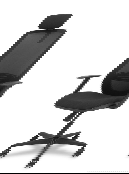 Silla de oficina Mardos con mecanismo Sincro tapizada con Tela color Negro. Equipada con lumbar 1D, Brazos 1D, Cabecero 2D y Ruedas 65mm nailon