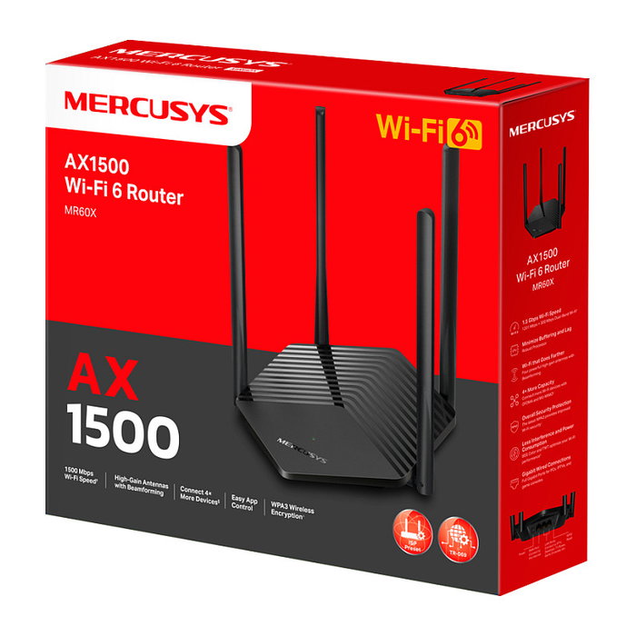 Mercusys MR60X Router Wi-Fi 6 AX1500 de Doble Banda con 4 Antenas Mercusys MR60X Router Wi-Fi 6 AX1500 de Doble Banda con 4 Antenas