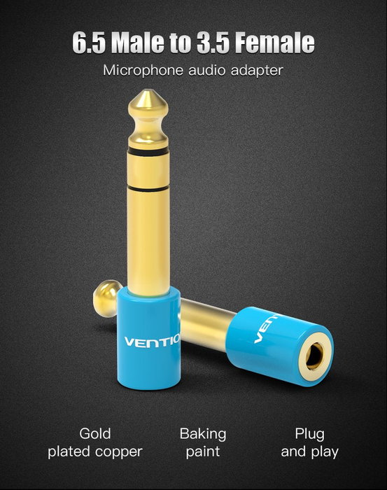 Vention VAB-S01-L Adaptador de Audio Jack 6.5 mm (6.35) Macho a 3.5 mm Hembra, Chapado en Oro, Color Azul