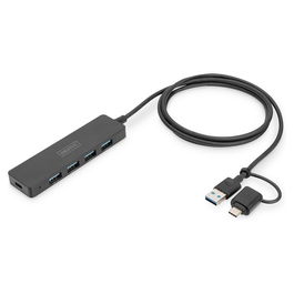 Digitus Hub USB 3.0 4 Puertos Slim, Adaptador USB-C y USB-A, Cable 1.2m, Negro