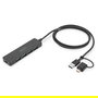Digitus Hub USB 3.0 4 Puertos Slim, Adaptador USB-C y USB-A, Cable 1.2m, Negro