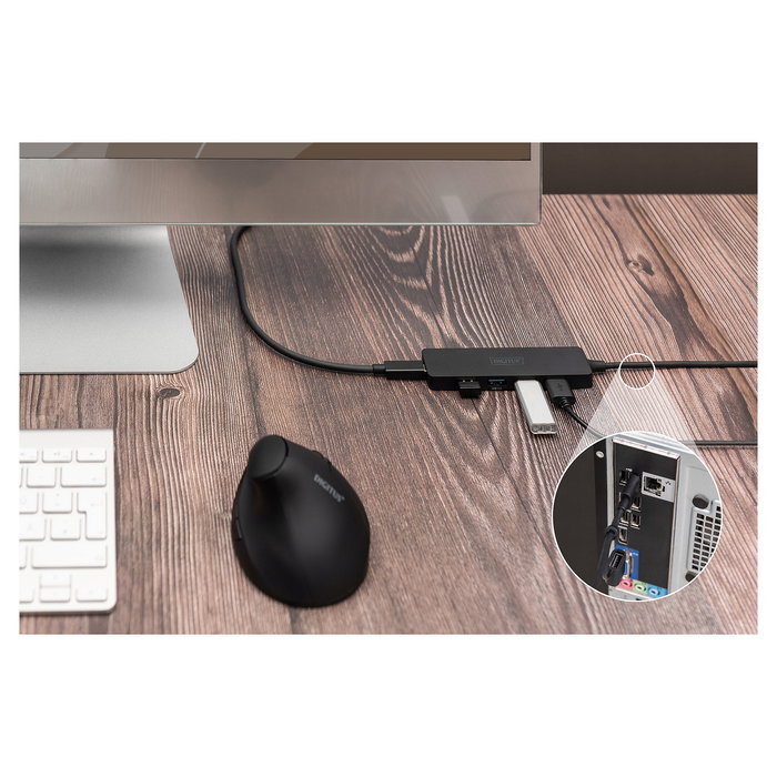 Digitus Hub USB 3.0 4 Puertos Slim, Adaptador USB-C y USB-A, Cable 1.2m, Negro