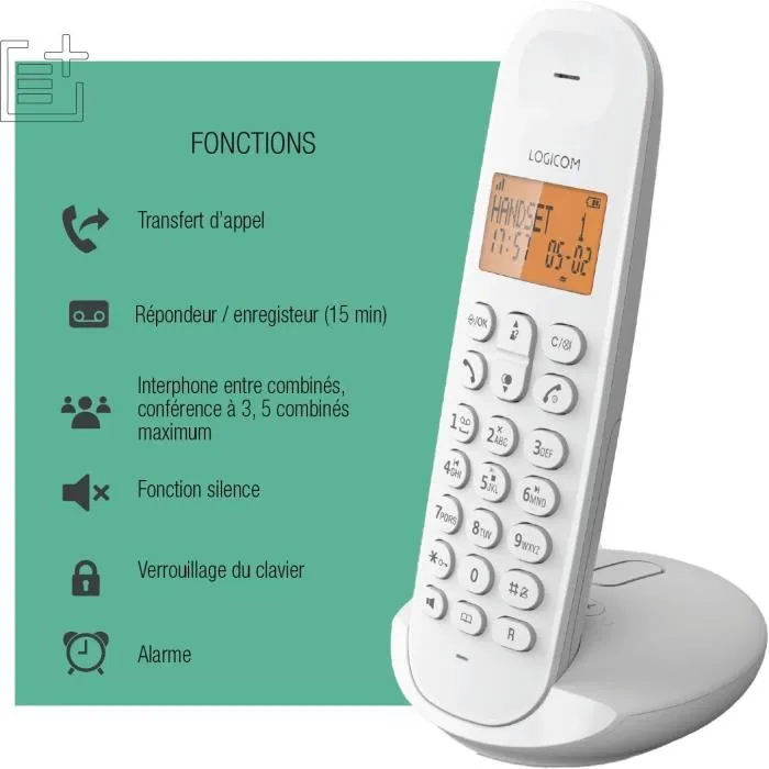 Logicom Teléfono Fijo Inalámbrico DECT ILOA 155T SOLO Blanco con Contestador Automático