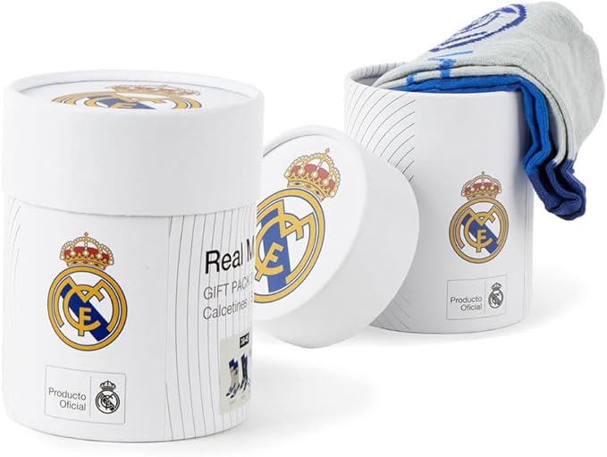 Real Madrid - Pack Oficial de Calcetines de Regalo 3 Pares en Caja Cilíndrica, Licenciado, Talla 39-42
