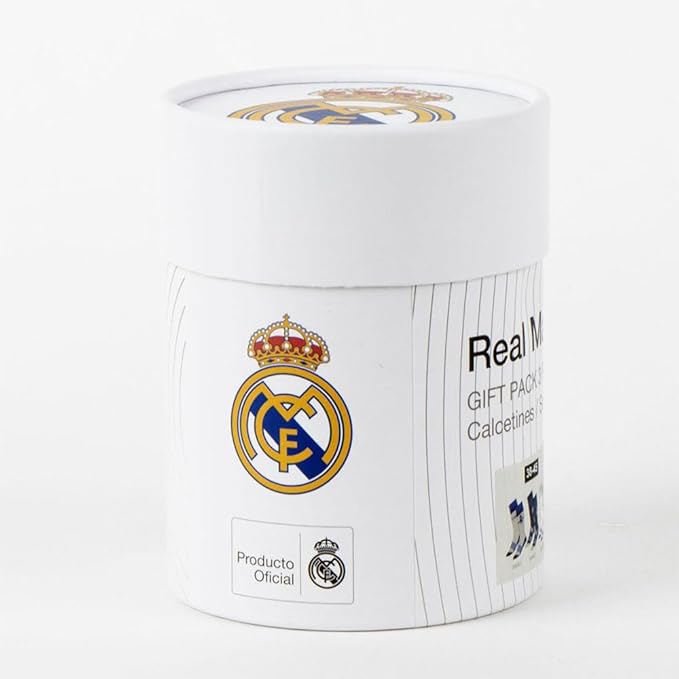 Real Madrid - Pack Oficial de Calcetines de Regalo 3 Pares en Caja Cilíndrica, Licenciado, Talla 39-42