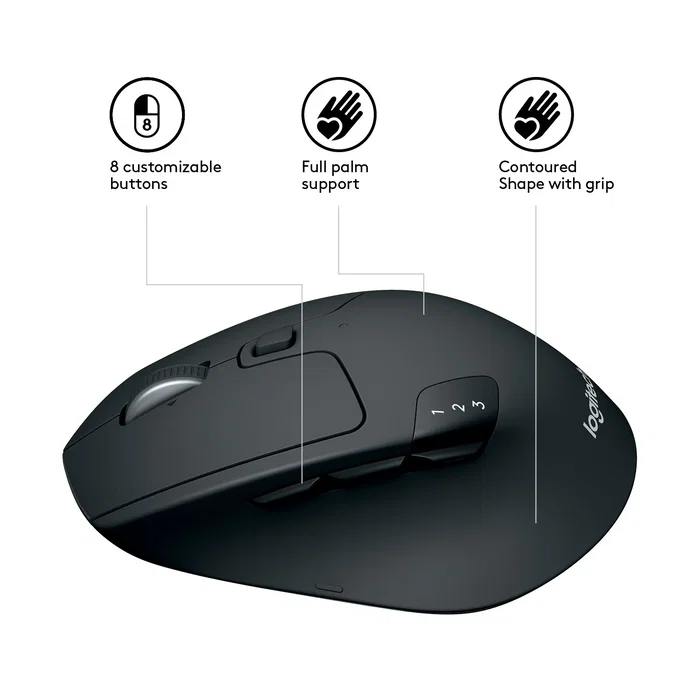 Logitech M720 Triathlon Ratón inalámbrico Bluetooth/RF para oficina, conexión múltiple para 3 ordenadores, óptico 1000 DPI, color negro, mano derecha, referencia 910-004791