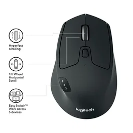 Logitech M720 Triathlon Ratón inalámbrico Bluetooth/RF para oficina, conexión múltiple para 3 ordenadores, óptico 1000 DPI, color negro, mano derecha, referencia 910-004791