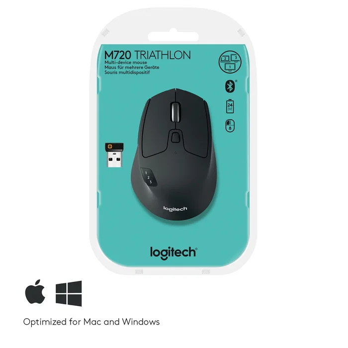 Logitech M720 Triathlon Ratón inalámbrico Bluetooth/RF para oficina, conexión múltiple para 3 ordenadores, óptico 1000 DPI, color negro, mano derecha, referencia 910-004791