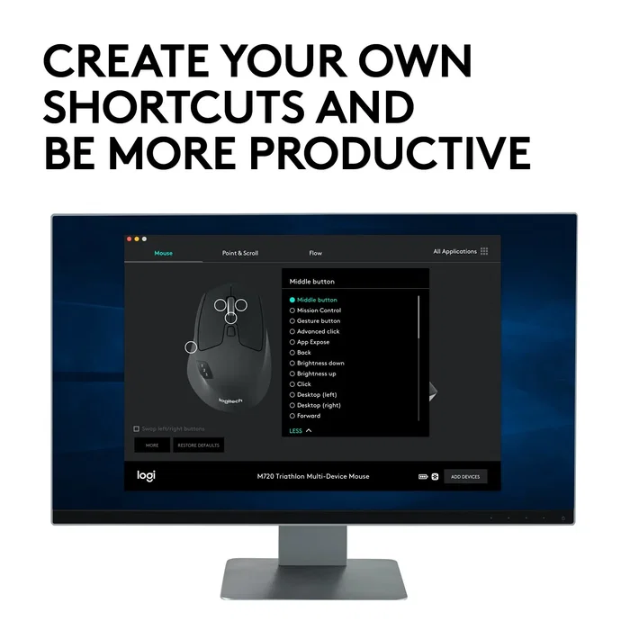 Logitech M720 Triathlon Ratón inalámbrico Bluetooth/RF para oficina, conexión múltiple para 3 ordenadores, óptico 1000 DPI, color negro, mano derecha, referencia 910-004791