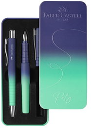 FABER-CASTELL Set de Estilográfica B y Bolígrafo XB Buzzing Blue<|image><p>Este set de escritura de Faber-Castell es ideal para quienes buscan precisión y un estilo distintivo en sus trazos.</p><ul><li>Incluye una estilográfica B y un bolígrafo XB en color azul (Buzzing Blue).</li><li>Tipo de producto: set de pluma y bolígrafo.</li><li>Categoría: escritura estuchada.</li></ul>
