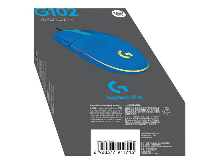 Logitech G102 Lightsync Ratón Gaming Óptico Cableado, 8000 DPI, 6 Botones Programables, 1 ms de Respuesta, Color Azul