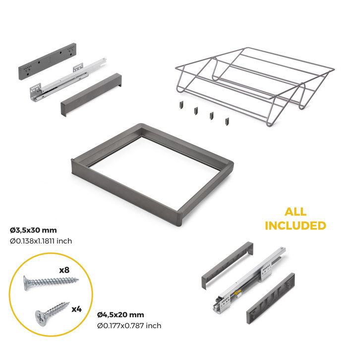 Emuca Kit de cajón zapatero y bastidor regulable Quartz para armarios, guías de cierre suave y extracción total, Módulo 60cm, Acabado Titanio
