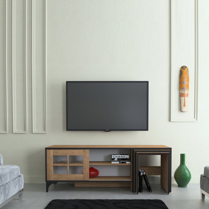 Hanah Home Revival Soporte TV Roble 150x54x42 cm Tablero de Partículas Melamina 18mm con Mesas Nido