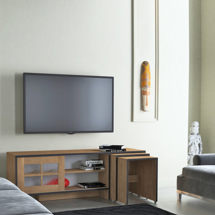 Hanah Home Revival Soporte TV Roble 150x54x42 cm Tablero de Partículas Melamina 18mm con Mesas Nido