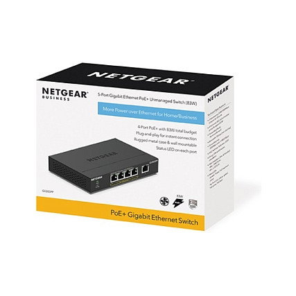 NETGEAR GS305PP Switch de 5 Puertos Gigabit No Administrado con PoE+ 83W, 4 Puertos PoE+ de 30W, Montaje en Escritorio o Pared, Negro