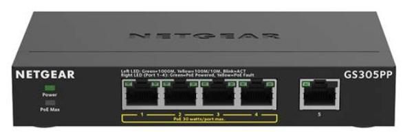 NETGEAR GS305PP Switch Gigabit Ethernet No Administrado 5 Puertos (4 con PoE+ 83W) Desktop, Montaje Pared, Negro