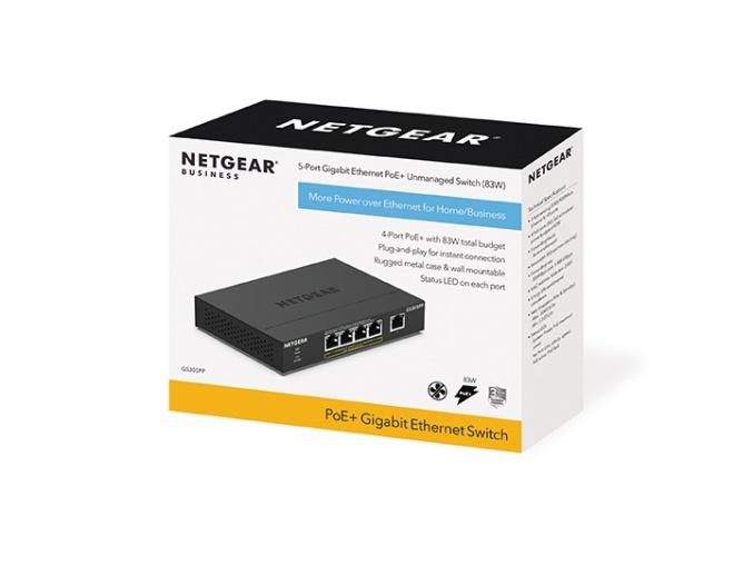NETGEAR GS305PP Switch Gigabit Ethernet No Administrado 5 Puertos (4 con PoE+ 83W) Desktop, Montaje Pared, Negro