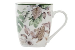 DKD Home Decor Mug Tropical Porcelana Verde Marron Blanco 420ml 12 Unidades 8.5 x 10 x 12 cm Apto Microondas Lavavajillas