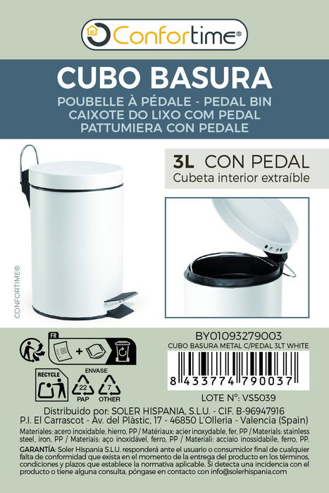 Confortime Cubo Basura Metal con Pedal 3 Litros Blanco (17 x 25.7 x 22 cm) (6 Unidades)