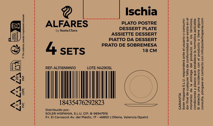 Inde Ischia - Set de 3 Platos de Postre Redonda Ø17.8 cm x 2 cm en Cristal Opalina, Negro (4 Cajas)