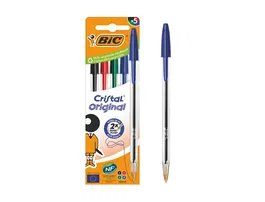 BIC Bolígrafo Cristal Original, Punta 1mm, Tinta Aceite, Trazo 0.4mm, Pack de 5 Unidades Colores Surtidos (2 Azul, 1 Negro, 1 Rojo, 1 Verde)