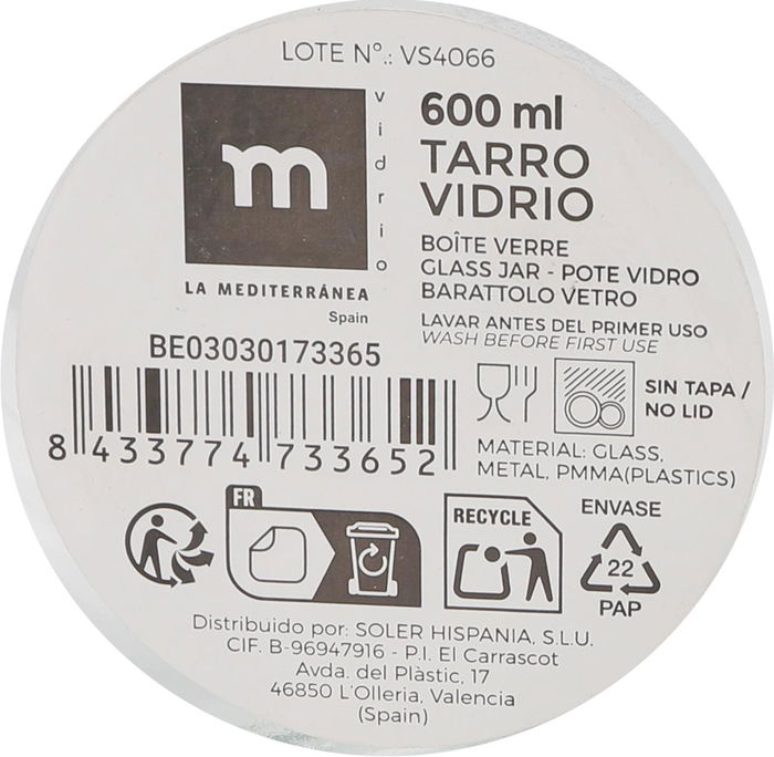Anna Tarro de Vidrio 600 ml con 2 Posiciones - 8.5 cm (Ancho) x 12.3 cm (Alto) x 11.8 cm (Largo) (24 Unidades)