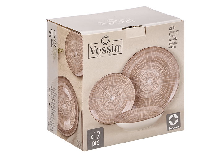 Vessia Vajilla 12 Piezas, Rayas Marrón, Plato Grande 26.7 x 26.7 cm, Plato Mediano 20 x 20 cm, Plato Pequeño 19.3 x 19.3 cm, Dimensiones Totales 28x28x17 cm (Set de 2)