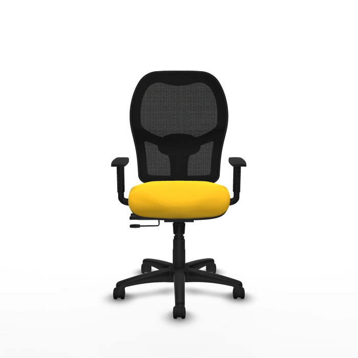 PIQUERAS Y CRESPO Silla Alocén con mecanismo traslack, malla negra y asiento amarillo