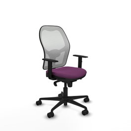 Silla de oficina Jorquera con mecanismo Sincro tapizada con Similpiel color Morado y malla color Blanco. Equipada con lumbar 1D, Brazos 1D y Ruedas 65mm nailon