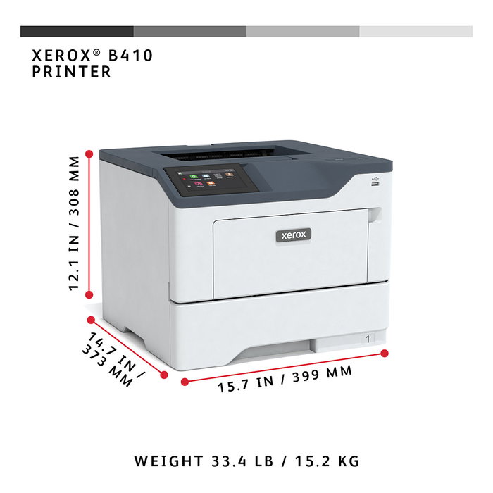 Xerox B410 Impresora Láser A4 Blanco y Negro 47 ppm, Impresión a Doble Cara Automática, 1200x1200 DPI, 2 Bandejas 650 Hojas, Ethernet, USB, AirPrint, PCL/PostScript