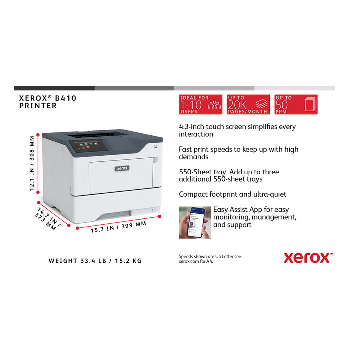 Xerox B410 Impresora Láser A4 Blanco y Negro 47 ppm, Impresión a Doble Cara Automática, 1200x1200 DPI, 2 Bandejas 650 Hojas, Ethernet, USB, AirPrint, PCL/PostScript