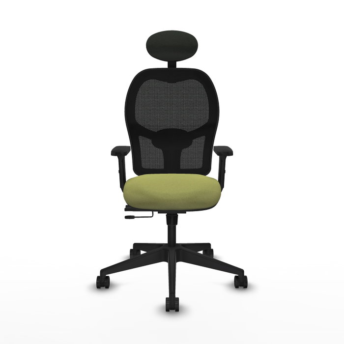 Silla de oficina Alocén con mecanismo Sincro/Traslack tapizada con Tela color Verde oliva y malla color Negro. Equipada con lumbar 1D, Brazos 2D, Cabecero Fijo y Ruedas 65mm nailon