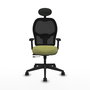Silla de oficina Alocén con mecanismo Sincro/Traslack tapizada con Tela color Verde oliva y malla color Negro. Equipada con lumbar 1D, Brazos 2D, Cabecero Fijo y Ruedas 65mm nailon