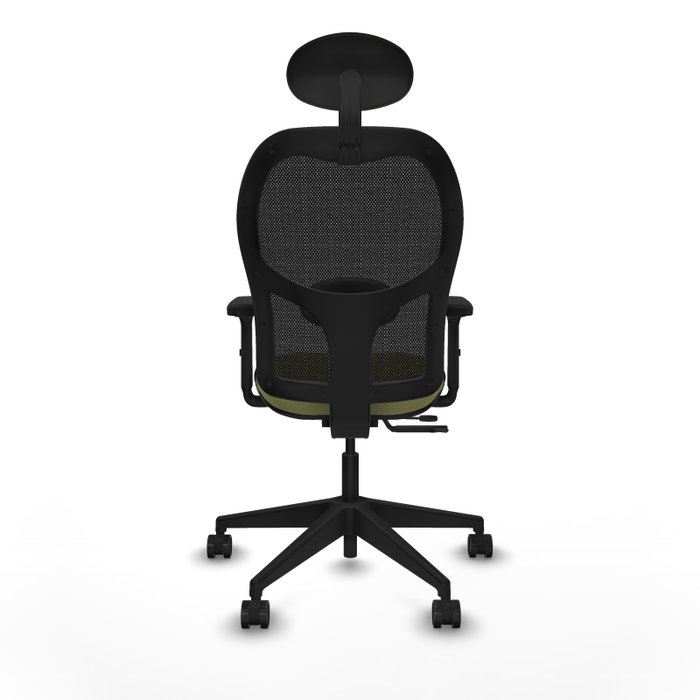 Silla de oficina Alocén con mecanismo Sincro/Traslack tapizada con Tela color Verde oliva y malla color Negro. Equipada con lumbar 1D, Brazos 2D, Cabecero Fijo y Ruedas 65mm nailon