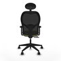 Silla de oficina Alocén con mecanismo Sincro/Traslack tapizada con Tela color Verde oliva y malla color Negro. Equipada con lumbar 1D, Brazos 2D, Cabecero Fijo y Ruedas 65mm nailon