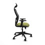 Silla de oficina Alocén con mecanismo Sincro/Traslack tapizada con Tela color Verde oliva y malla color Negro. Equipada con lumbar 1D, Brazos 2D, Cabecero Fijo y Ruedas 65mm nailon